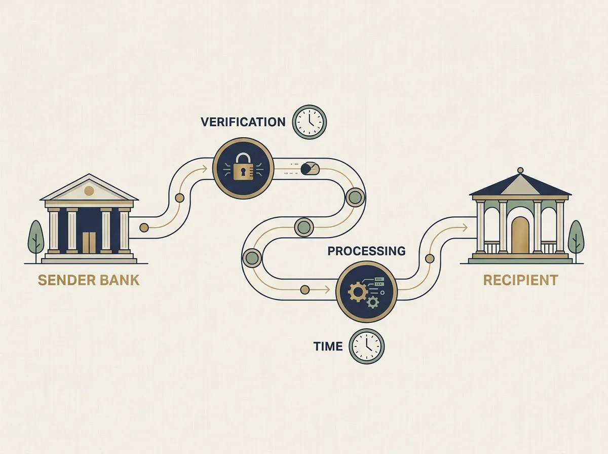 Conceptual illustration of Faster Payments and bank-transfer flows between a UK account and an offshore casino, with verification checkpoints