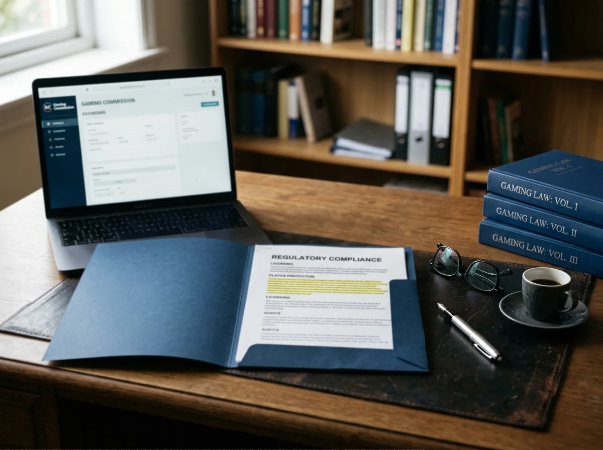 Editorial workspace with regulatory documents about UK GamStop self-exclusion scheme and offshore casino licensing on a desk