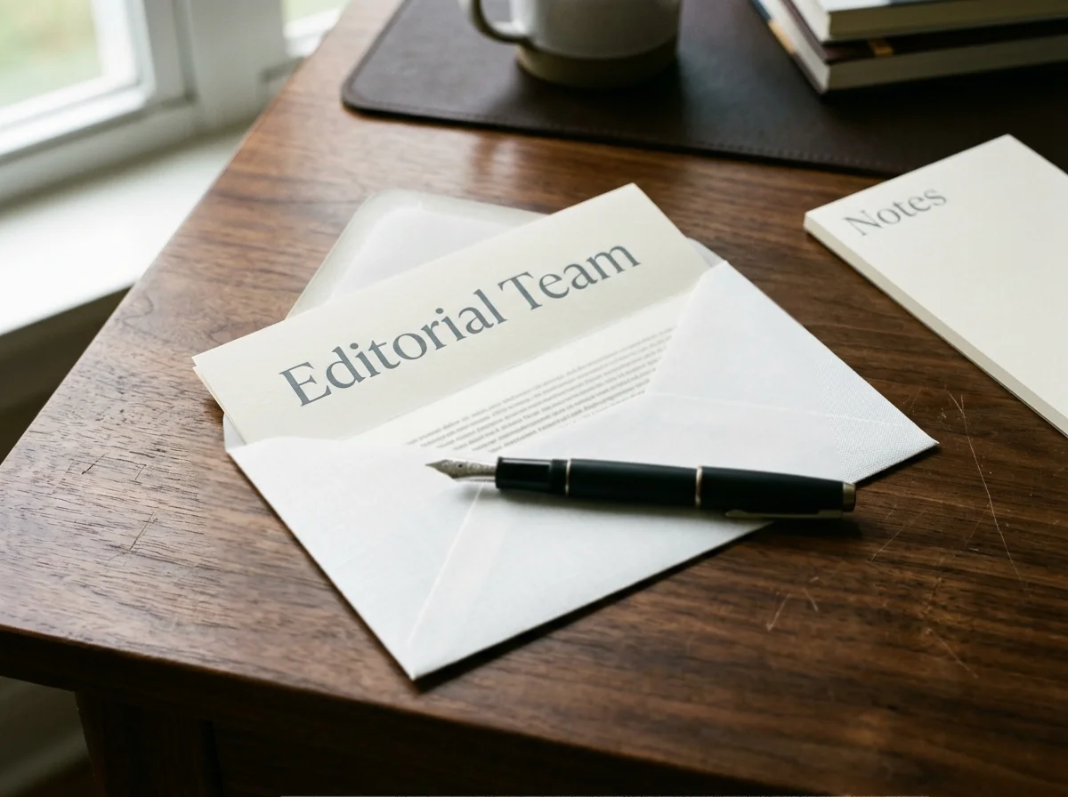 Open envelope with a folded letter and a fountain pen on a desk, suggesting written editorial correspondence