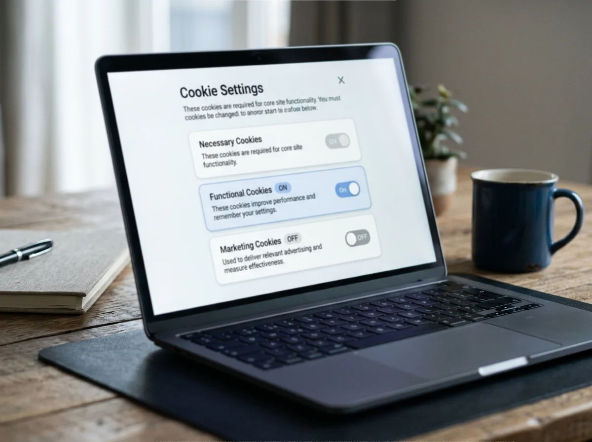 Open laptop showing a browser privacy settings panel with cookie controls