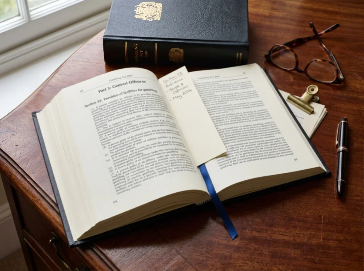 Editorial illustration of an open statute book with a Section 33 marker, set on a wooden table.