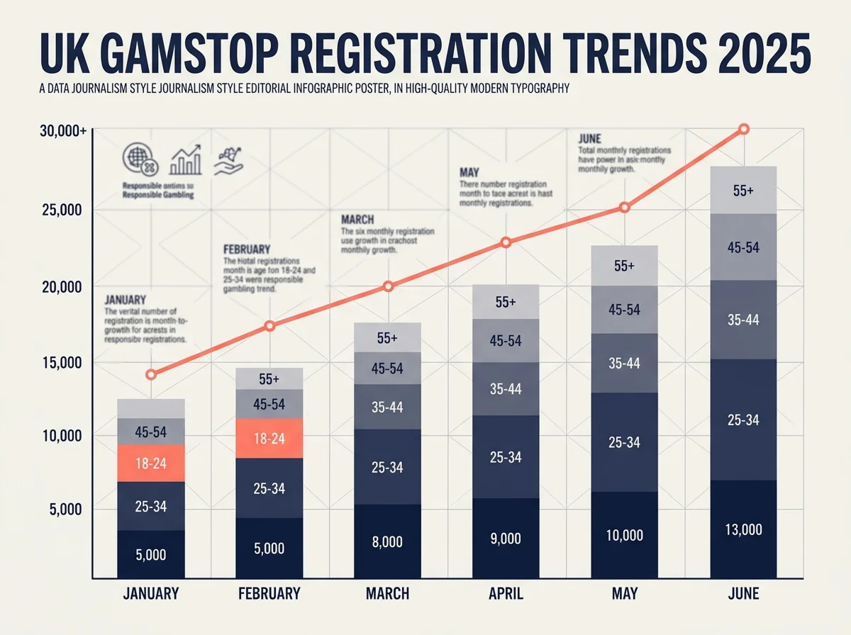 Bar chart visualising GamStop adoption statistics for end of 2025, 562,000 total registrations and 58,675 new in the second half of the year