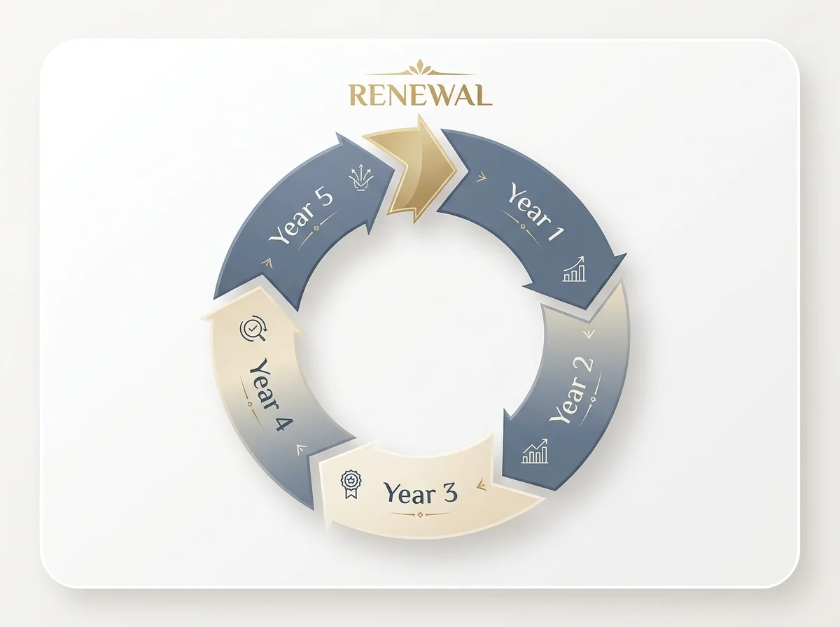 Looping arrow diagram representing the GamStop five-year auto-renewal cycle that continues until the user actively requests removal