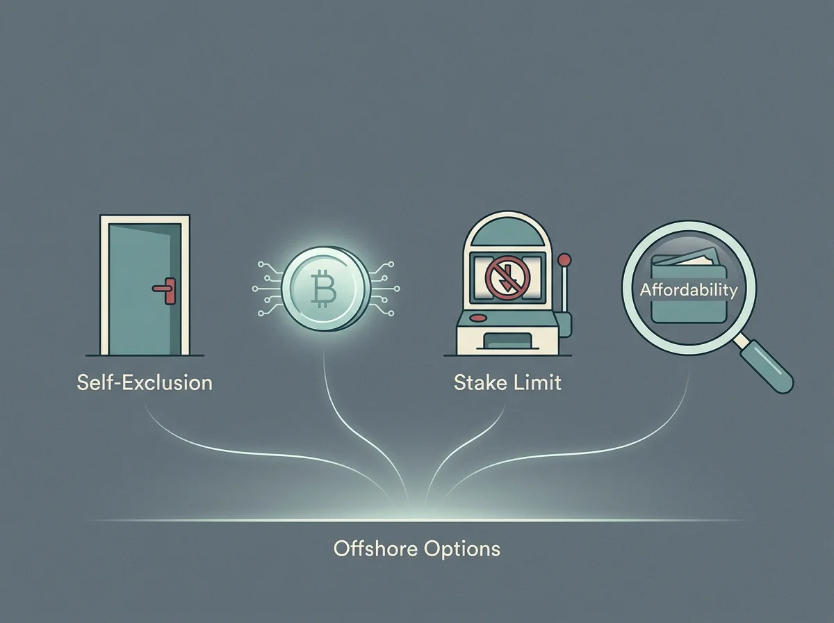 Diagram of the most common reasons UK players look beyond GamStop in 2026: active self-exclusion, crypto preference, stake limits, affordability checks