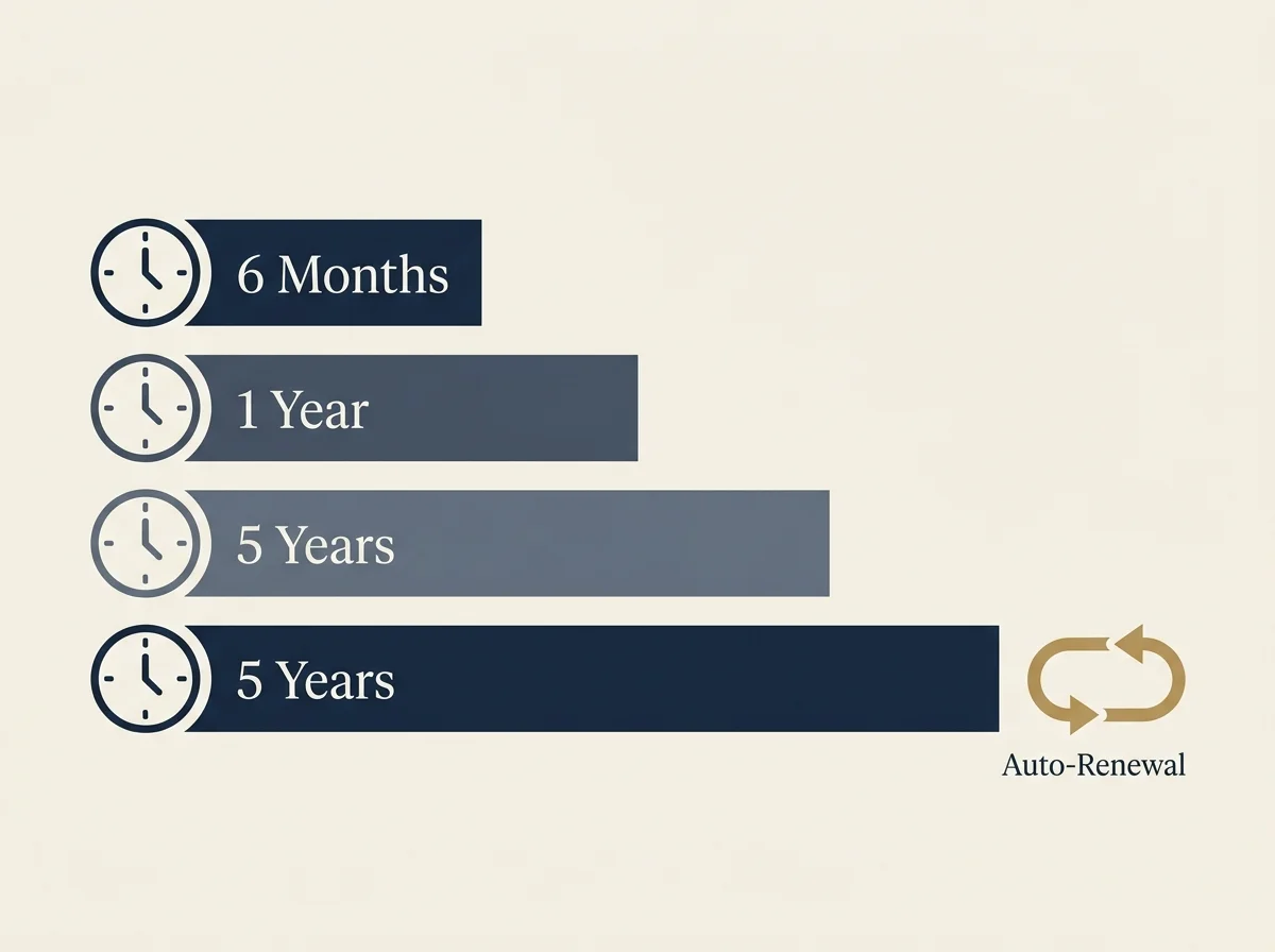GamStop self-exclusion duration options chart showing six months, one year, five years and five years with auto-renewal