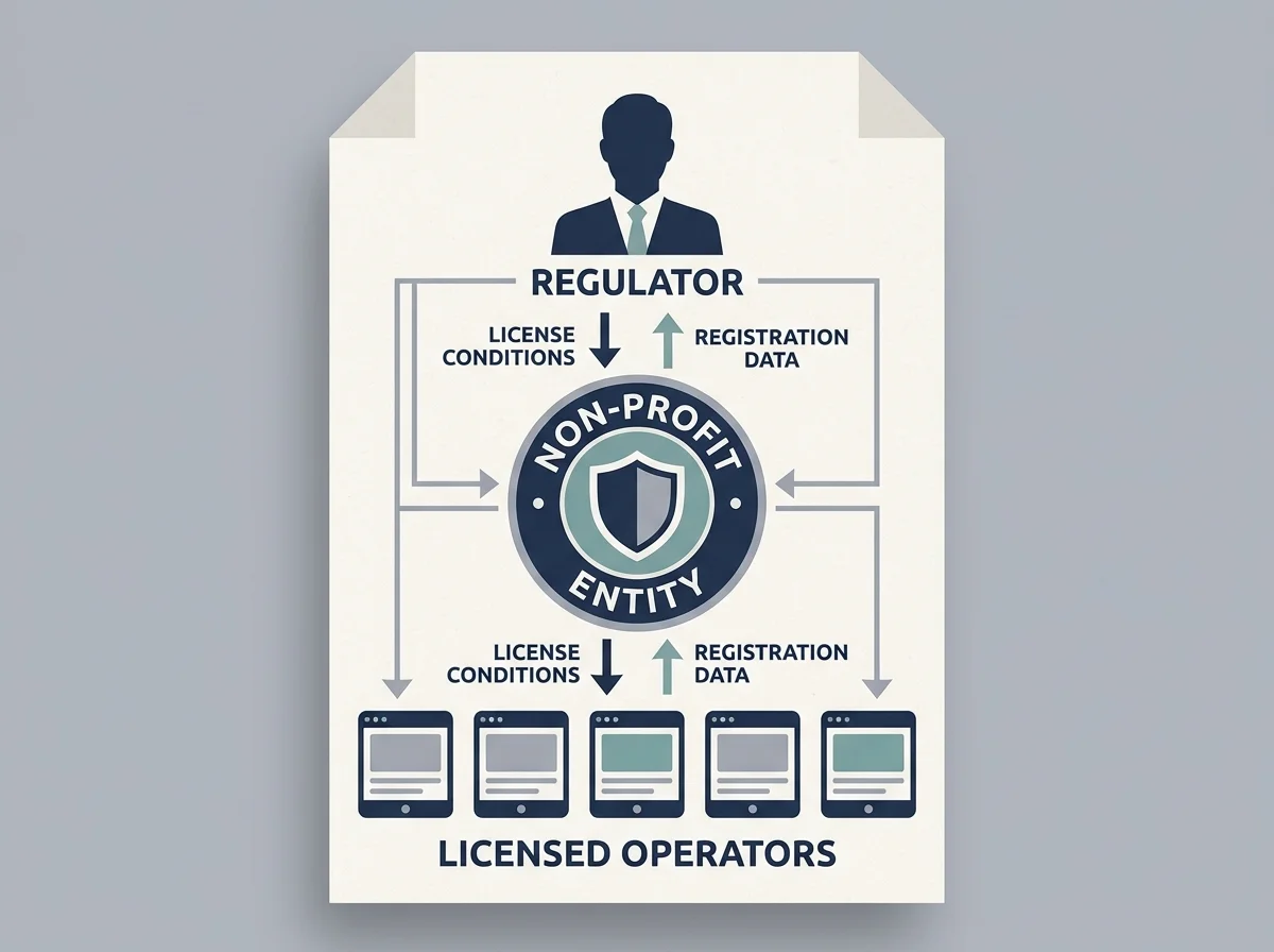 Illustration of NOSES Ltd as the not-for-profit operator behind GamStop, sitting between the UK Gambling Commission and licensed remote operators