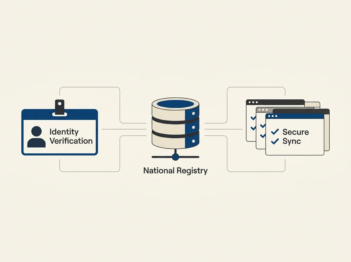 Diagram of the GamStop registration flow for a UK resident, from identity check to database sync with operators.