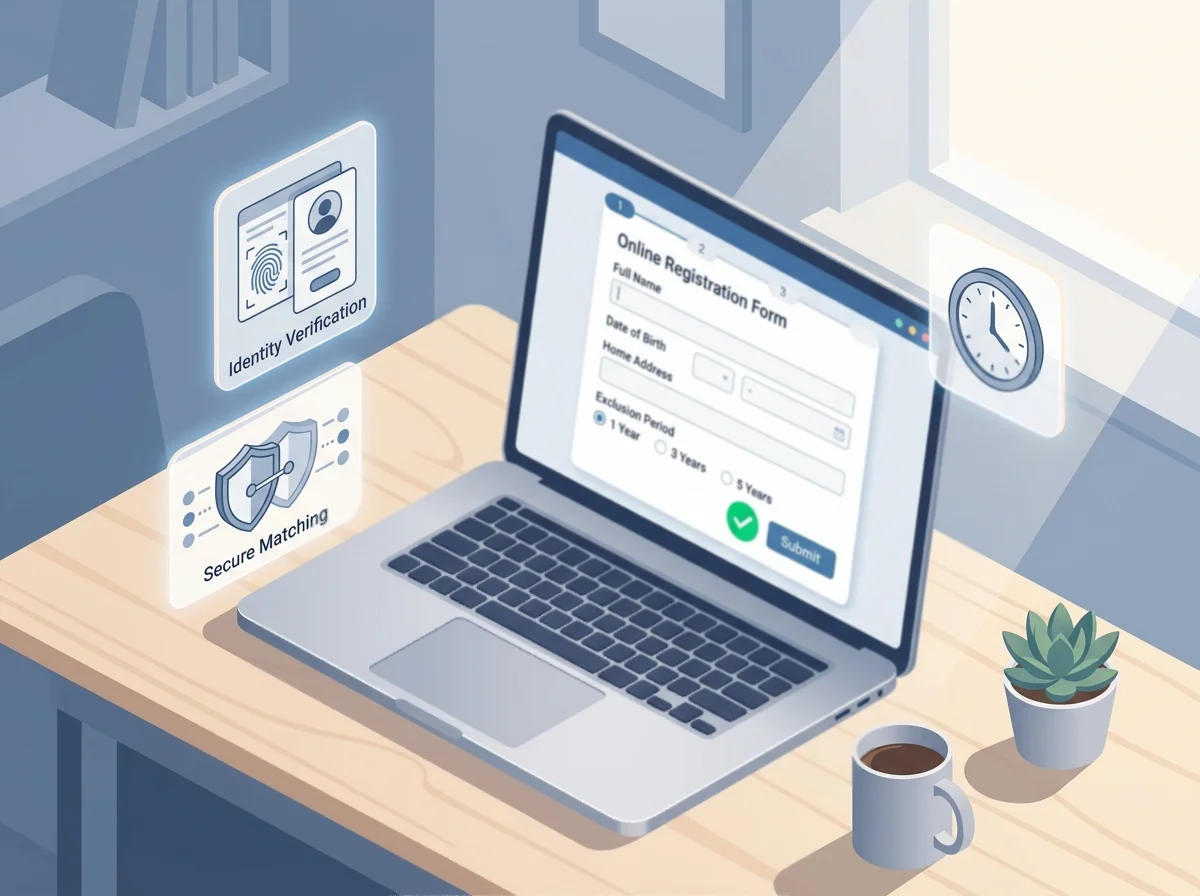 UK player completing the GamStop registration form online with personal details, address history and exclusion duration