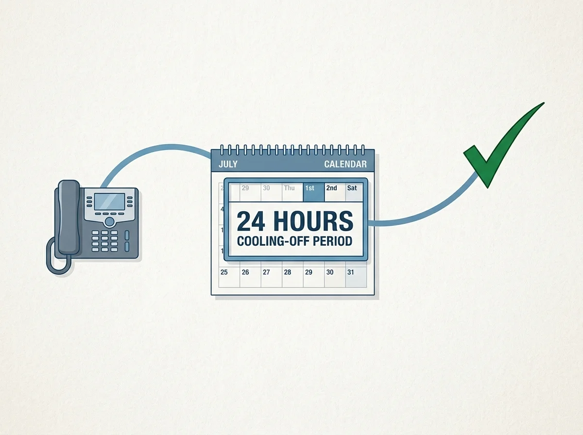 Illustration of a generic phone call icon connected to a calendar marker showing the 24-hour cooling-off period after a GamStop removal request