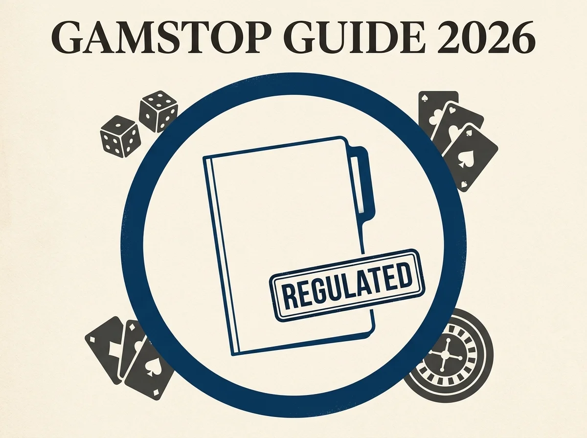 Editorial cover for a 2026 UK guide to casinos not on GamStop, with the scheme name set against a paper-coloured background.