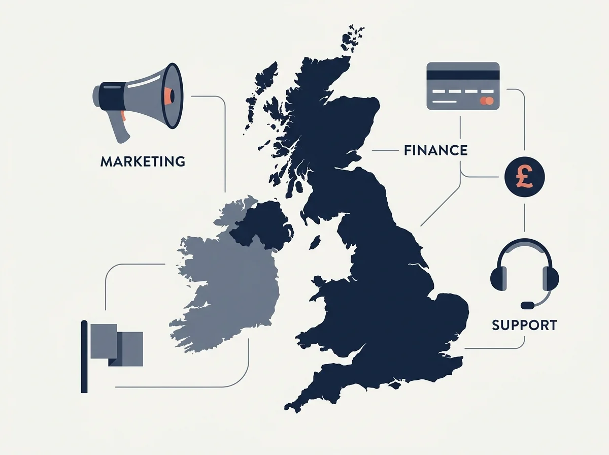 Conceptual illustration of the use-in-Great-Britain test from the Gambling Licensing and Advertising Act 2014 with signal indicators around the UK perimeter