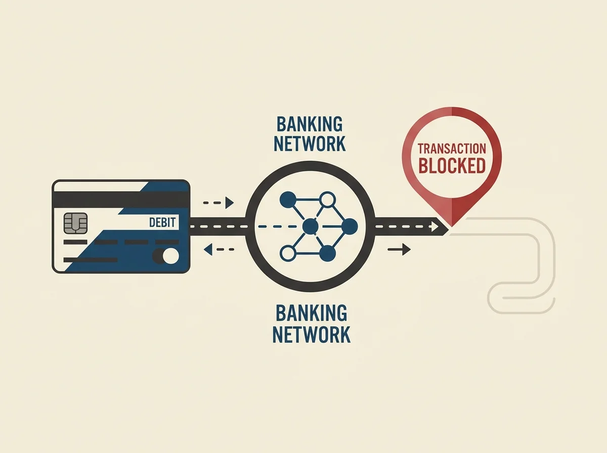 Schematic showing how a UK bank applies an MCC 7995 block on a gambling transaction routed through a card network.