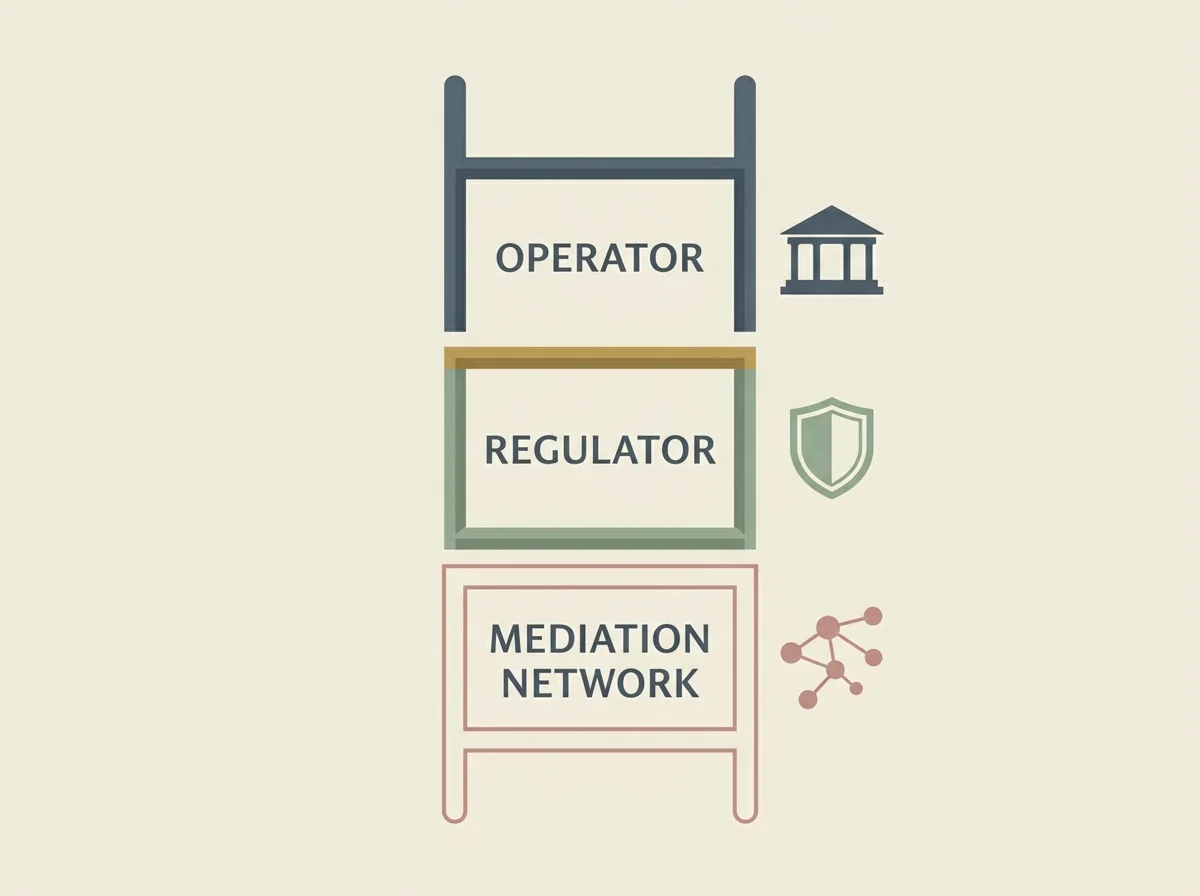 Three-rung diagram of the dispute-resolution ladder available to UK players at offshore casinos: internal, regulator, third-party mediator
