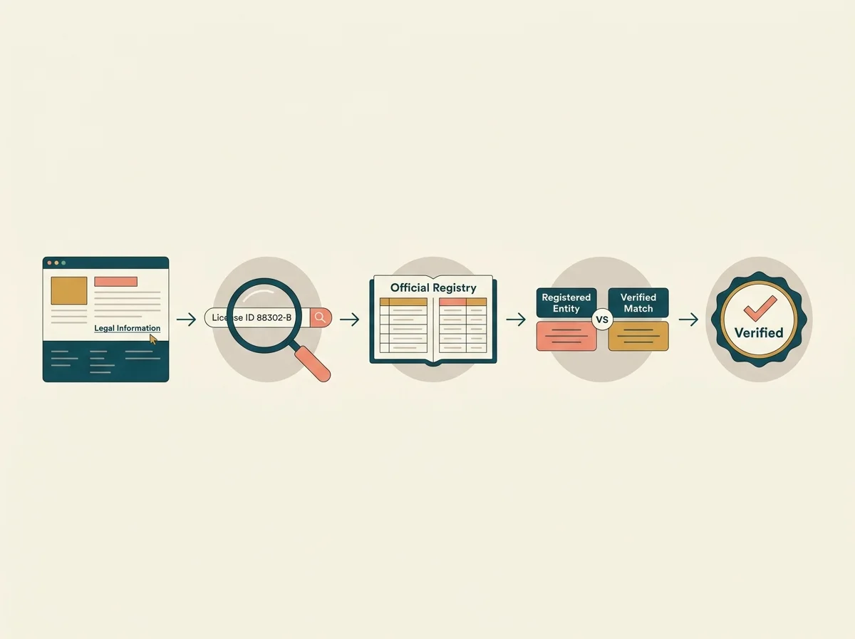 Five-step illustration of the offshore licence verification process from operator footer to regulator public register