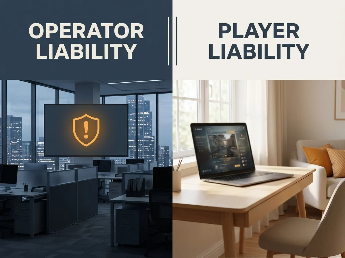 Diagram contrasting the operator-side criminal offence with the player-side absence of liability under UK gambling law