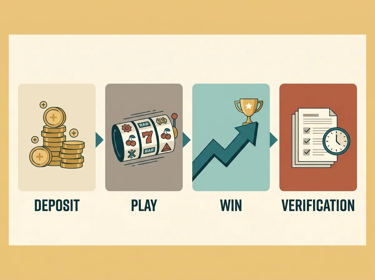 Conceptual diagram showing the retroactive KYC request pattern triggered after a large win at an offshore casino