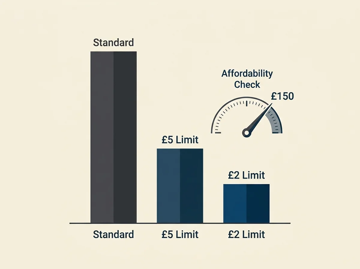 Visual breakdown of the UK statutory slot stake limits and affordability check thresholds introduced in 2025.
