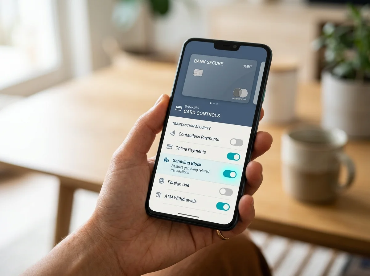 Illustration of a UK debit card with a gambling transaction block toggle inside a mobile banking app interface