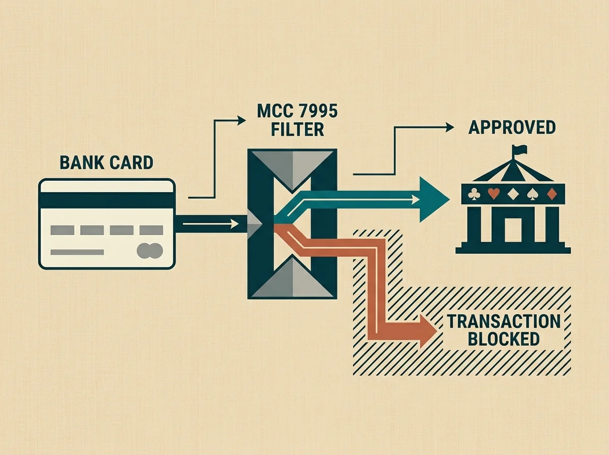 Flow diagram showing the path of a card transaction from UK player through the bank's MCC 7995 screening to an offshore casino, with possible block points