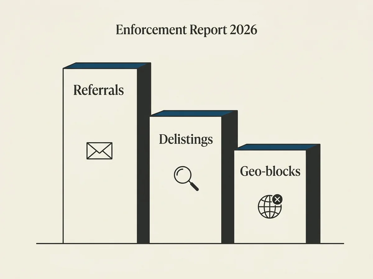 Headline figures from the UK Gambling Commission 2025 to 2026 illegal-markets enforcement programme set as editorial chart blocks.