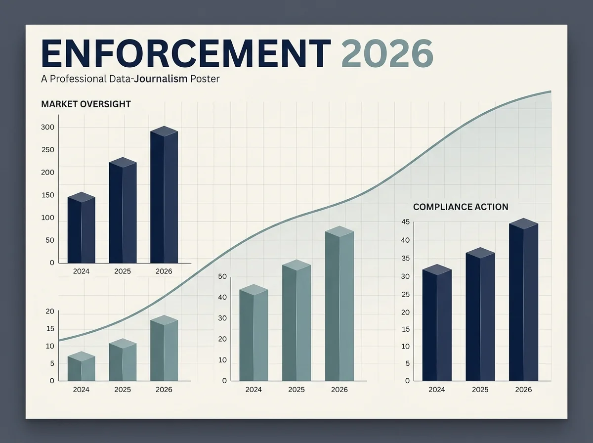 Editorial chart visualising UKGC illegal-markets enforcement activity in 2025-26 across cease-and-desist notices, URL delistings and geo-blocked sites