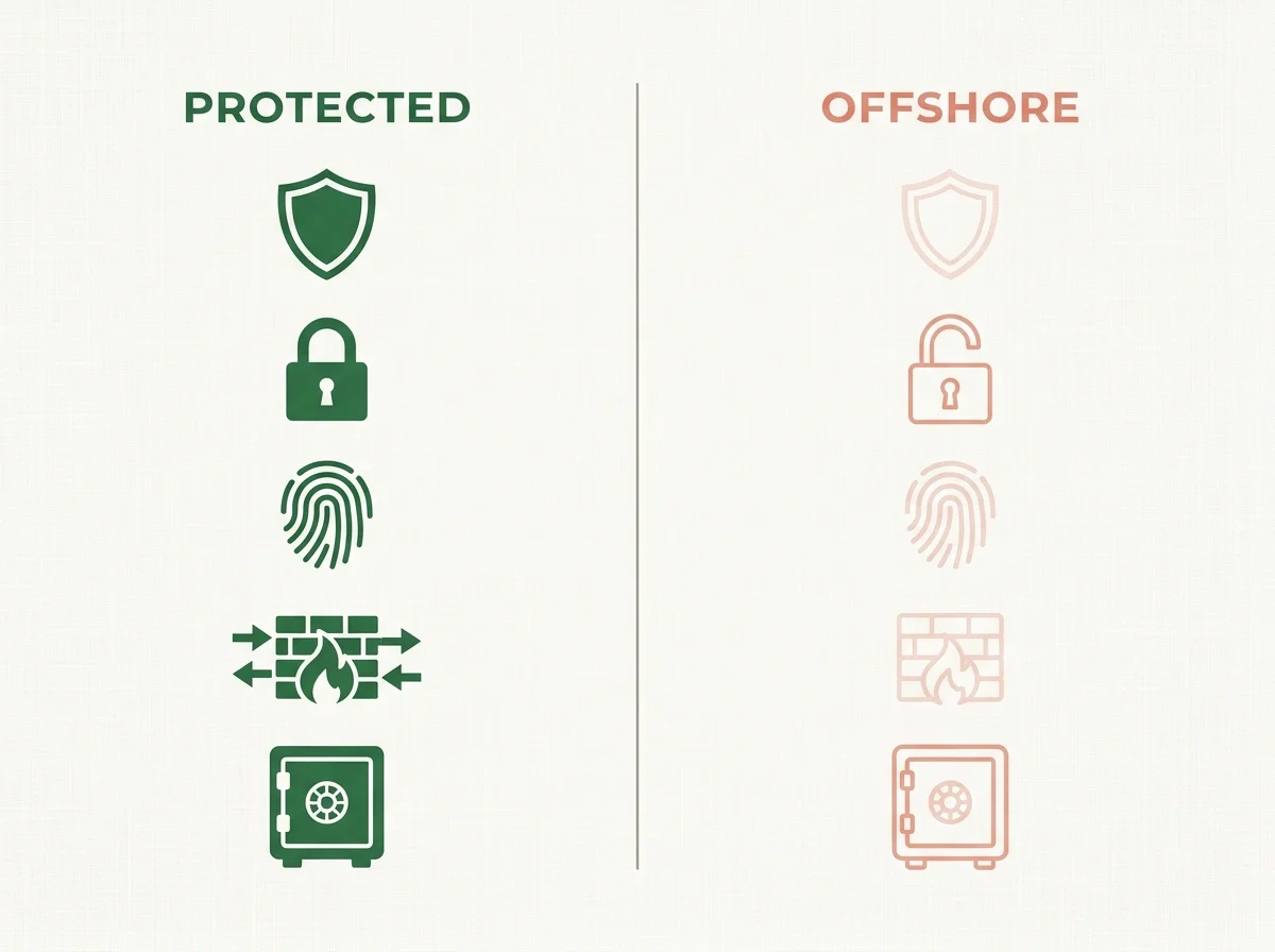 Diagram listing the UKGC consumer-protection features absent from offshore casinos accessible to UK players